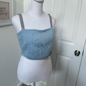 AKIRA Baby Blue Fuzzy Rhinestone Cropped Tank in sz L